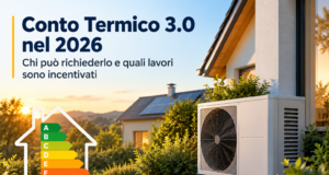 Conto Termico 3.0 nel 2026: chi può richiederlo e quali lavori sono incentivati Pompa di calore esterna accanto a una casa, con titolo Conto Termico 3.0 e scala grafica dell'efficienza energetica