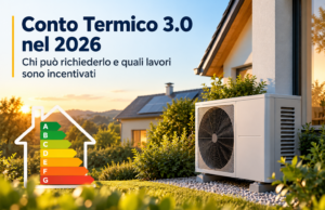 Conto Termico 3.0 nel 2026: chi può richiederlo e quali lavori sono incentivati Pompa di calore esterna accanto a una casa, con titolo Conto Termico 3.0 e scala grafica dell'efficienza energetica