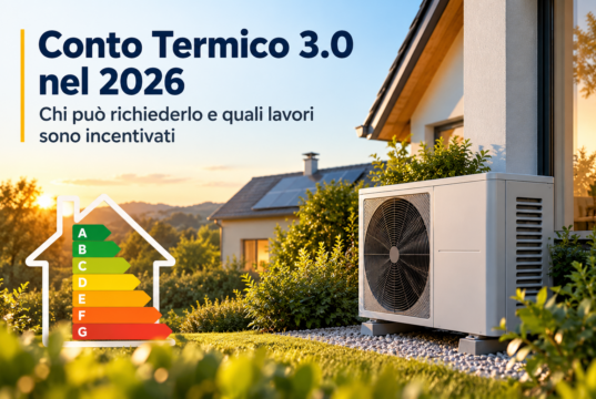 Conto Termico 3.0 nel 2026: chi può richiederlo e quali lavori sono incentivati Pompa di calore esterna accanto a una casa, con titolo Conto Termico 3.0 e scala grafica dell'efficienza energetica