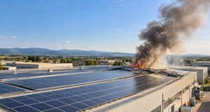 Incendio ai pannelli fotovoltaici della Salpa-Rolli a Roseto: nessun ferito, cause da accertare Illustrazione IA di pannelli fotovoltaici su un capannone industriale con fumo in lontananza.