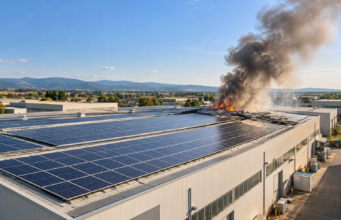 Incendio ai pannelli fotovoltaici della Salpa-Rolli a Roseto: nessun ferito, cause da accertare Illustrazione IA di pannelli fotovoltaici su un capannone industriale con fumo in lontananza.
