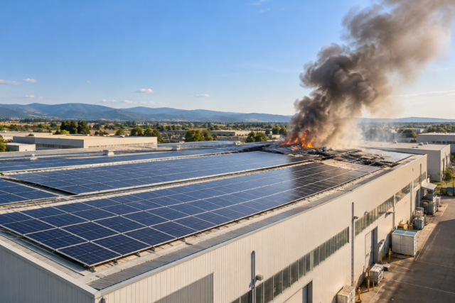 Incendio e impianto fotovoltaico – immagine illustrativa IA Illustrazione IA di pannelli fotovoltaici su un capannone industriale con fumo in lontananza.