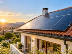 Ristrutturazioni e rinnovabili: quando sono obbligatorie nel 2026 Pannelli fotovoltaici sul tetto di una casa con copertura in tegole, immagine illustrativa generata con IA