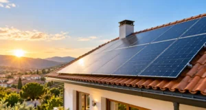 Ristrutturazioni e rinnovabili: quando sono obbligatorie nel 2026 Pannelli fotovoltaici sul tetto di una casa con copertura in tegole, immagine illustrativa generata con IA