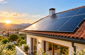 Ristrutturazioni e rinnovabili: quando sono obbligatorie nel 2026 Pannelli fotovoltaici sul tetto di una casa con copertura in tegole, immagine illustrativa generata con IA