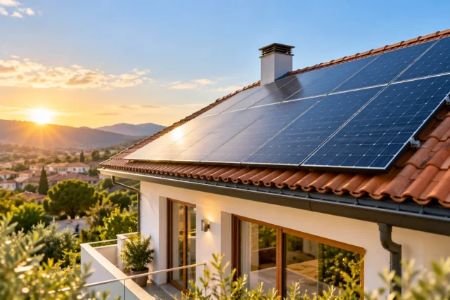 Fotovoltaico sul tetto di una casa: rinnovabili e ristrutturazioni Pannelli fotovoltaici sul tetto di una casa con copertura in tegole, immagine illustrativa generata con IA