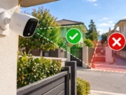 Telecamere di casa: posso riprendere la strada o il vicino? Le regole sulla privacy Telecamera di sicurezza su una casa con indicazione delle aree private da sorvegliare e delle zone esterne da evitare