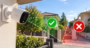 Telecamere di casa: posso riprendere la strada o il vicino? Le regole sulla privacy Telecamera di sicurezza su una casa con indicazione delle aree private da sorvegliare e delle zone esterne da evitare