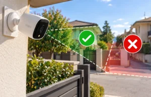 Telecamere di casa: posso riprendere la strada o il vicino? Le regole sulla privacy Telecamera di sicurezza su una casa con indicazione delle aree private da sorvegliare e delle zone esterne da evitare
