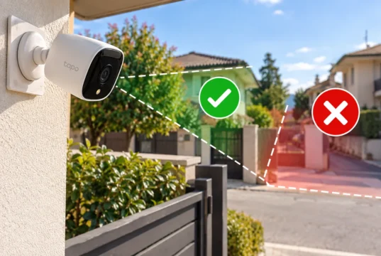 Telecamere di casa: posso riprendere la strada o il vicino? Le regole sulla privacy Telecamera di sicurezza su una casa con indicazione delle aree private da sorvegliare e delle zone esterne da evitare