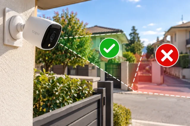 Telecamere di casa e privacy: cosa si può riprendere Telecamera di sicurezza su una casa con indicazione delle aree private da sorvegliare e delle zone esterne da evitare